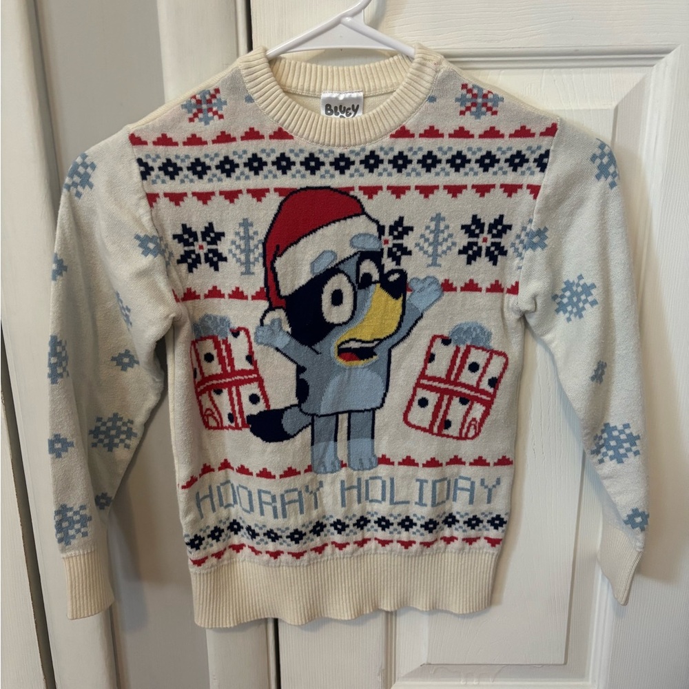 Kids Bluey Holiday Sweater - Festive Cream and Blue